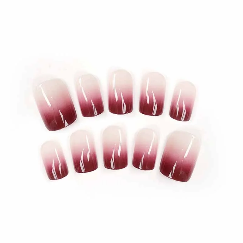24Pcs/set Ladies Fake Nails with glue Full Cover Tips Finger Nails Wine Red Gradient Solid Color Acrylic False Nail faux ongle-Nail Inspo