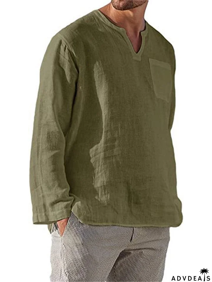 Stylish Comfort Relaxed V Neck Men's Linen Shirt