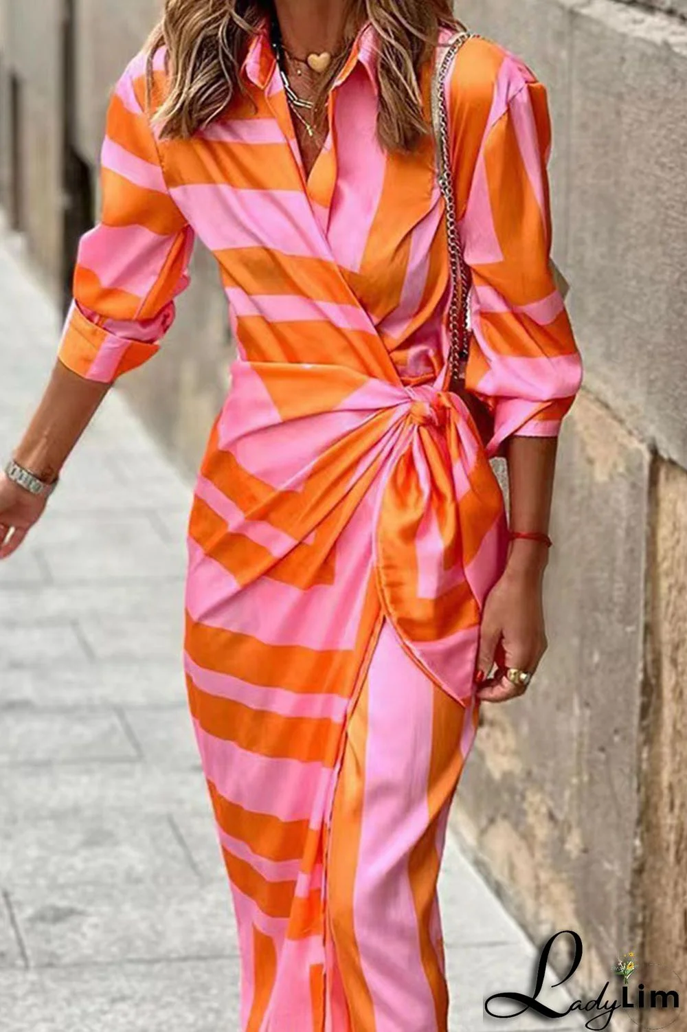 Orange Pink Casual Print Bandage Patchwork Turndown Collar Long Sleeve Dresses