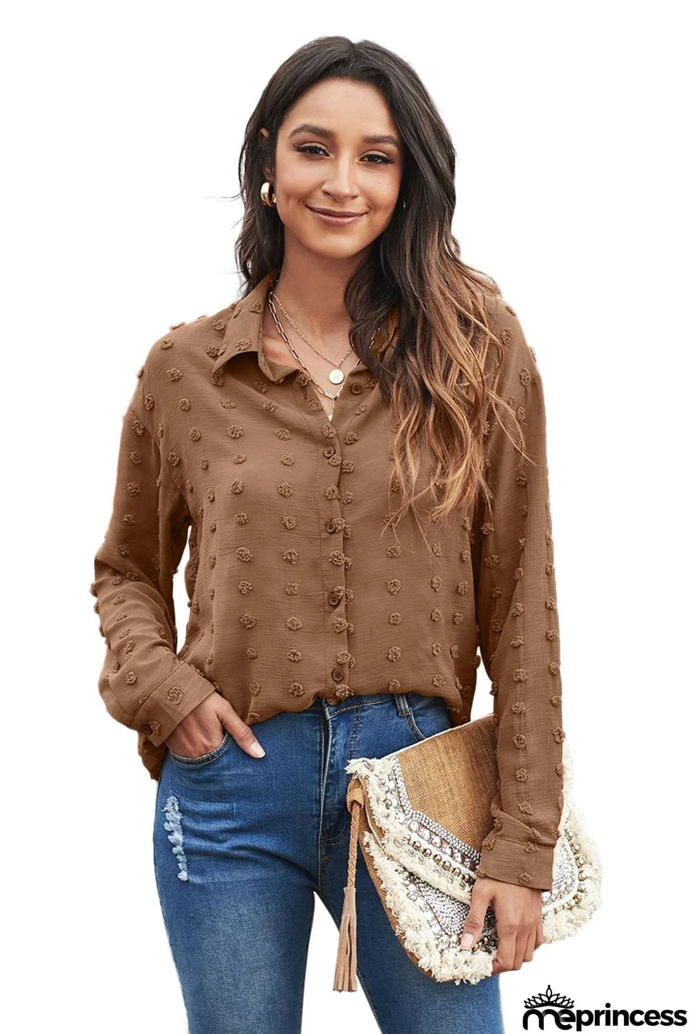 Brown Long Sleeve Button Fuzzy Polka Dot Shirt