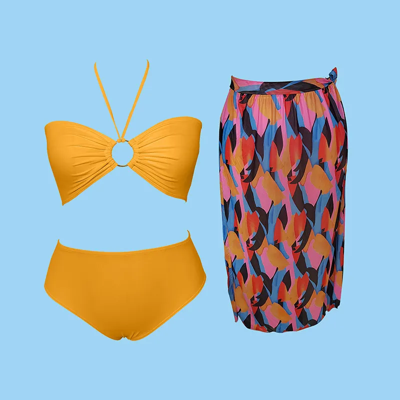 Uveng 2025 New Swimsuit Women's Swimsuit Solid Color Bare Back Three-Piece Bikini Print Sexy Lady Bikini