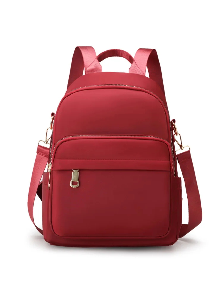 Women Nylon Solid Color Backpack Zipper Large Capacity Laptop Bag (Red)
