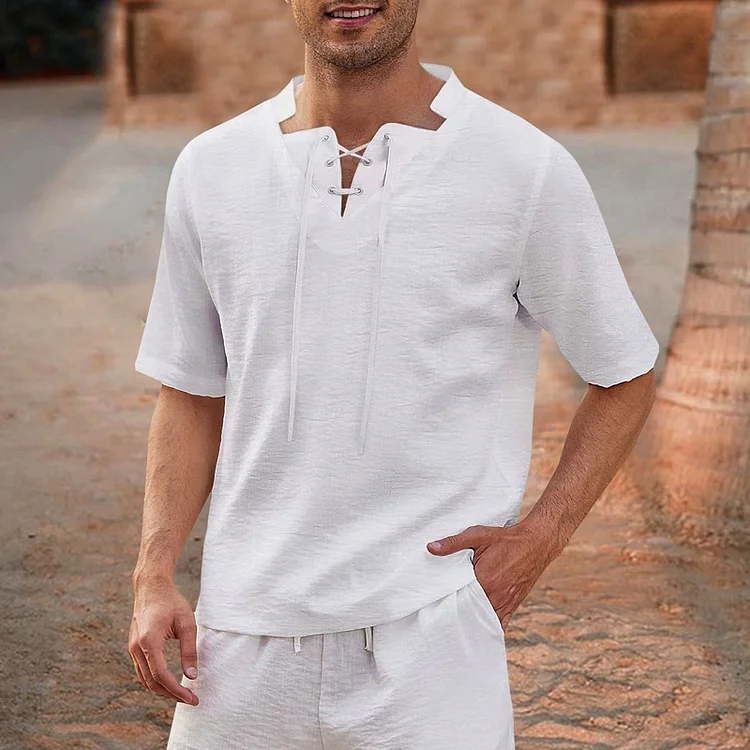 Men's Short Sleeve T-Shirt Cotton Linen Collar Casual Fashion Shirt