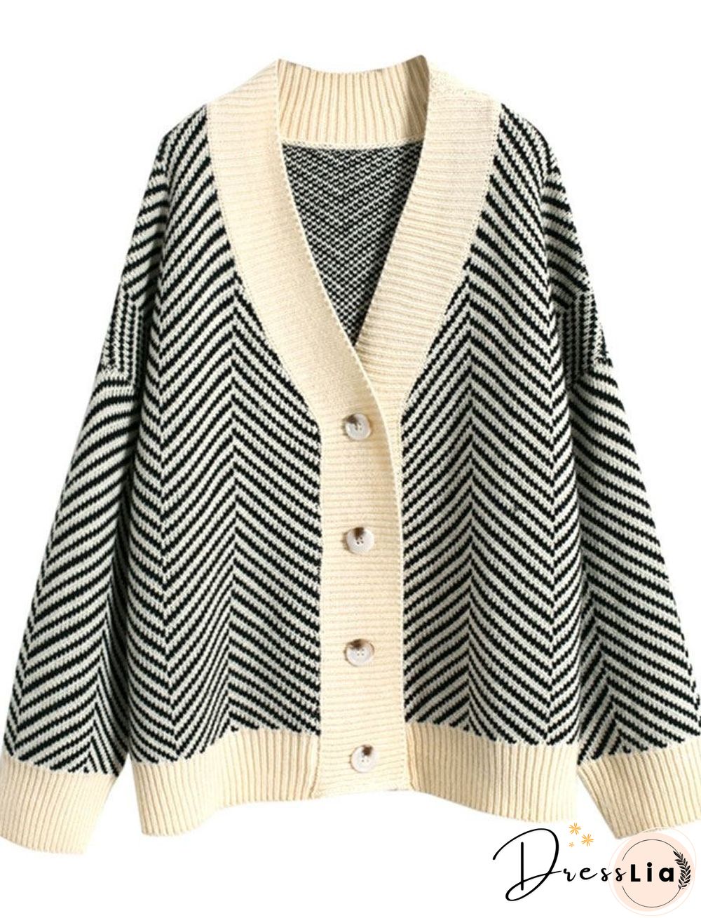 V-neck Striped Casual Loose Sweater Cardigan