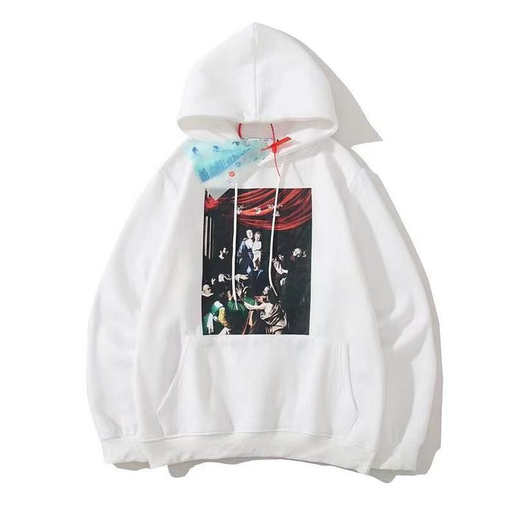 Off White Hoodie Autumn and Winter Virgin Oil Painting Pattern Printing Hooded Fleece Lined Sweater Men and Women
