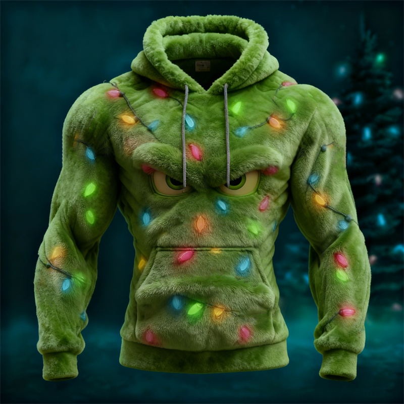 Men's Christmas Monster Eyes Colorful Lights Cozy Plush Hoodie elevenforest