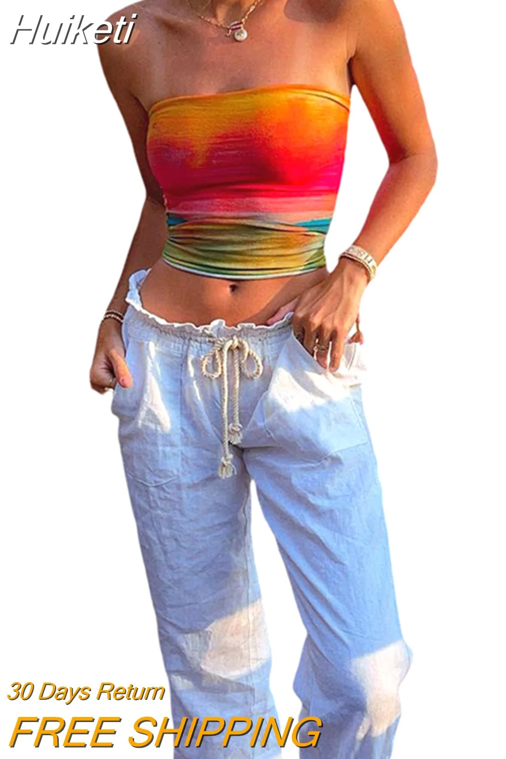 Huiketi Women American Retro Y2K Hotsweet Wrap Chest Tube Tops Tie-dye Strapless Tank Tops Summer Backless Bandeau Crop Tops