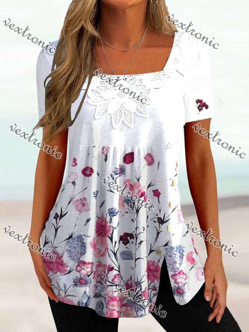 Women's Short Sleeve U-neck Floral Printed Graphic Button Top