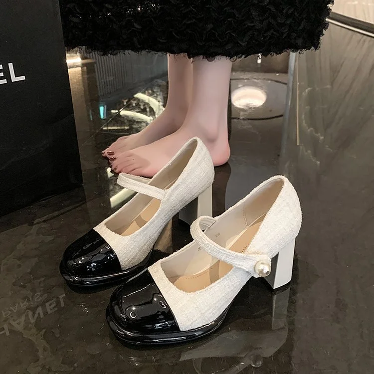 Wongn Wongn 2024 New Small Fragrant Wind Pearl Buckle Patent Leather Baotou Stitching Thick Heel Single Shoes High-Heeled Shoes Women's Shoes