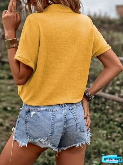 Drawstring Button Up Short Sleeve Blouse