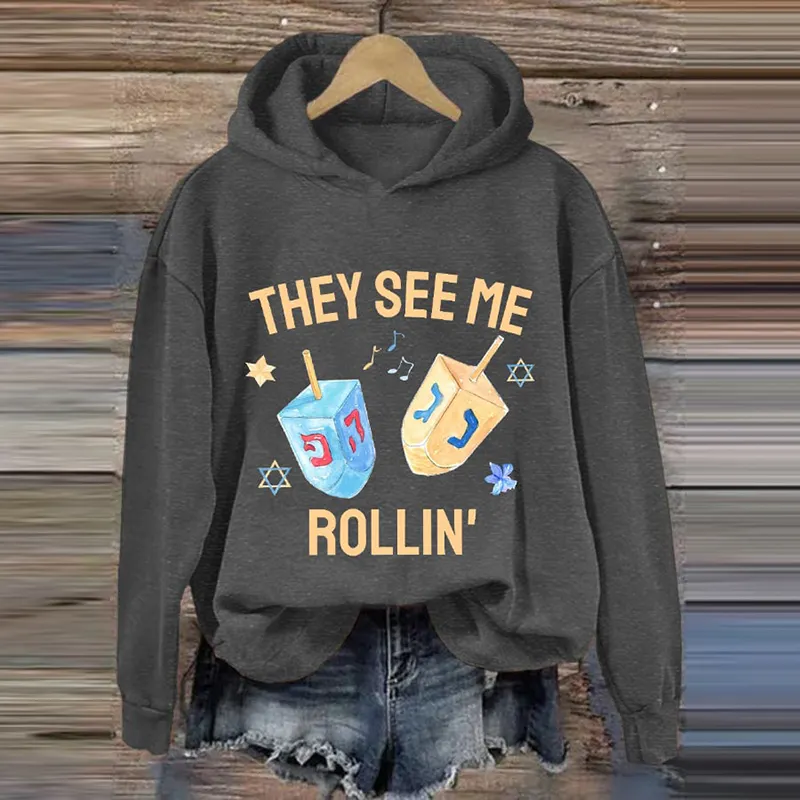 Women's Funny They See Me Rollin Happy Hanukkah Casual Hoodie
