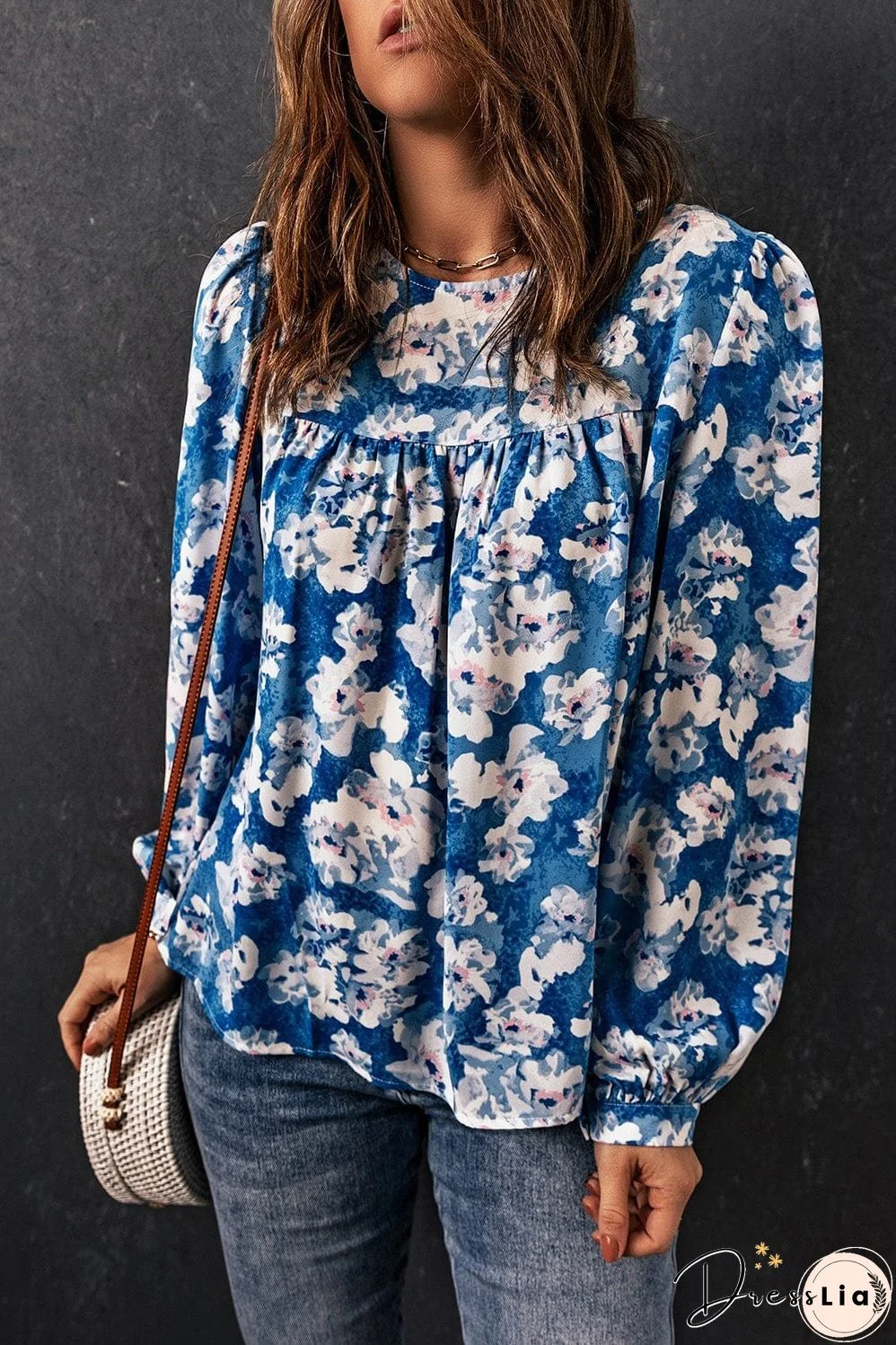 Floral Balloon Sleeve Round Neck Blouse