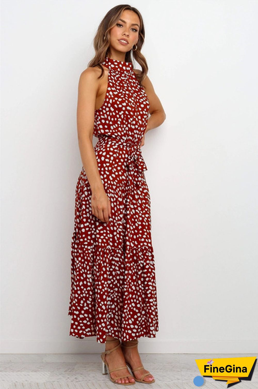 Plus Size Elegant Ladies Dress Sleeveless Collect Waist Polka Dot Long Boho Casual Beach