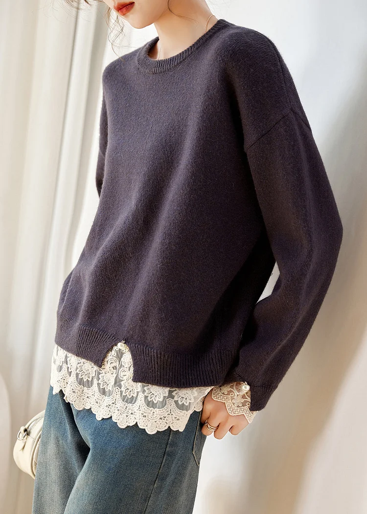 Women Deep Purple Lace Patchwork Cotton Knit Sweaters Fall