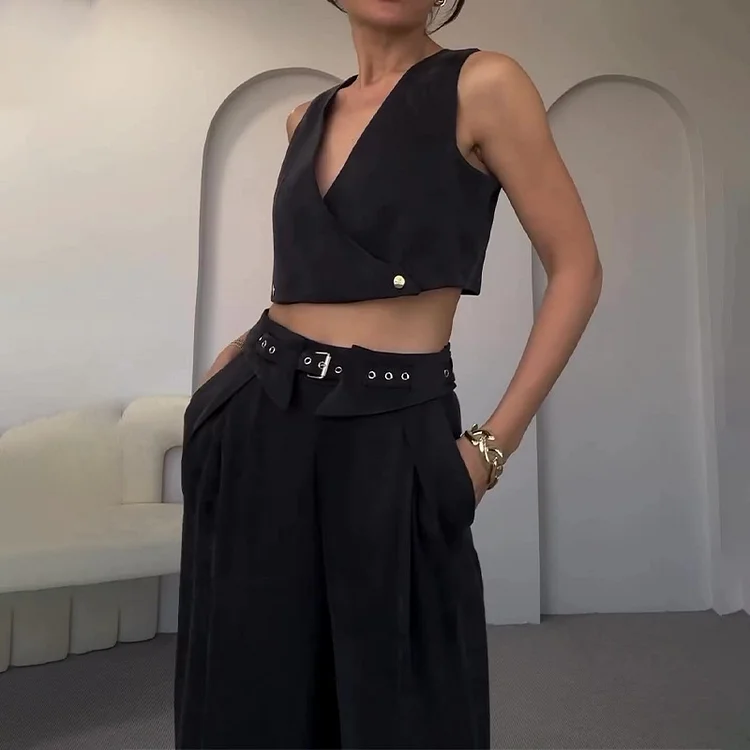 Plain Vest High Waist Pants Set