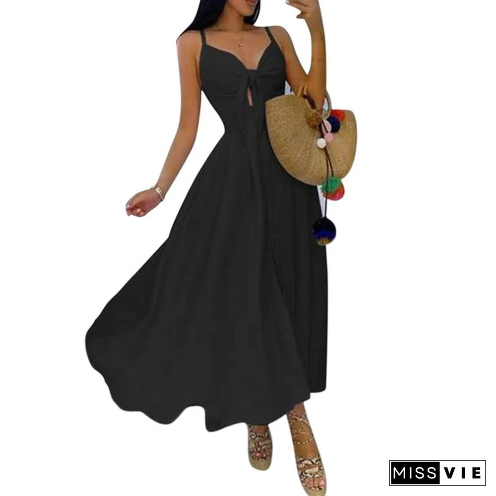 Women Fashion V-neck Tie Waist Floral Sling Dress