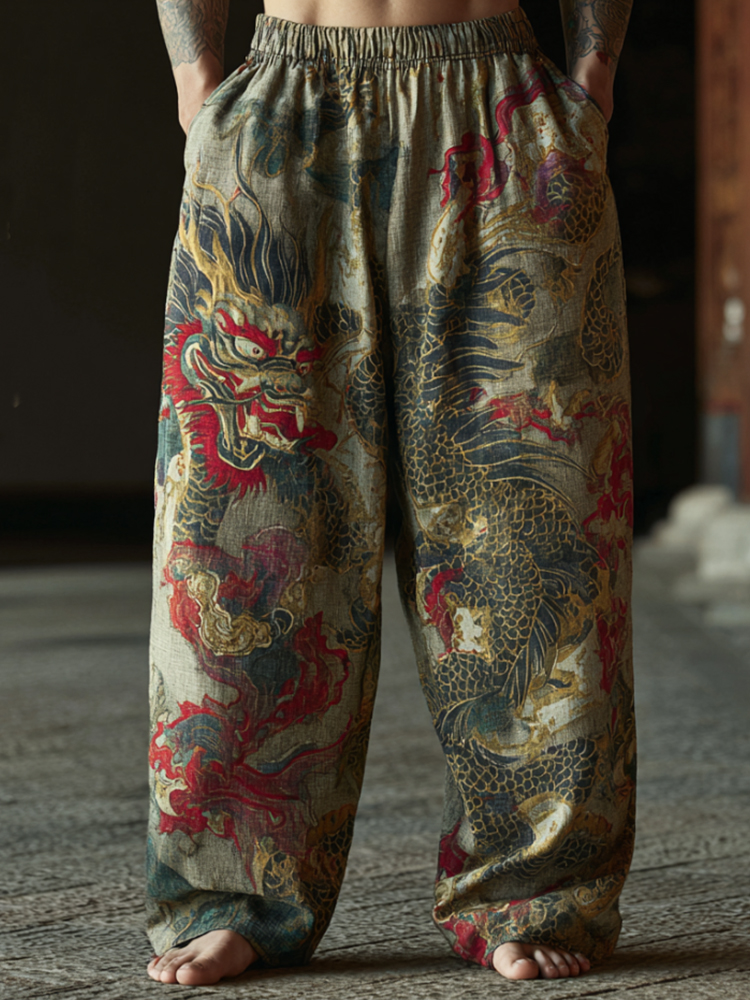 Japanese Vintage Colorful Dragon Totem Casual Pants  artssus
