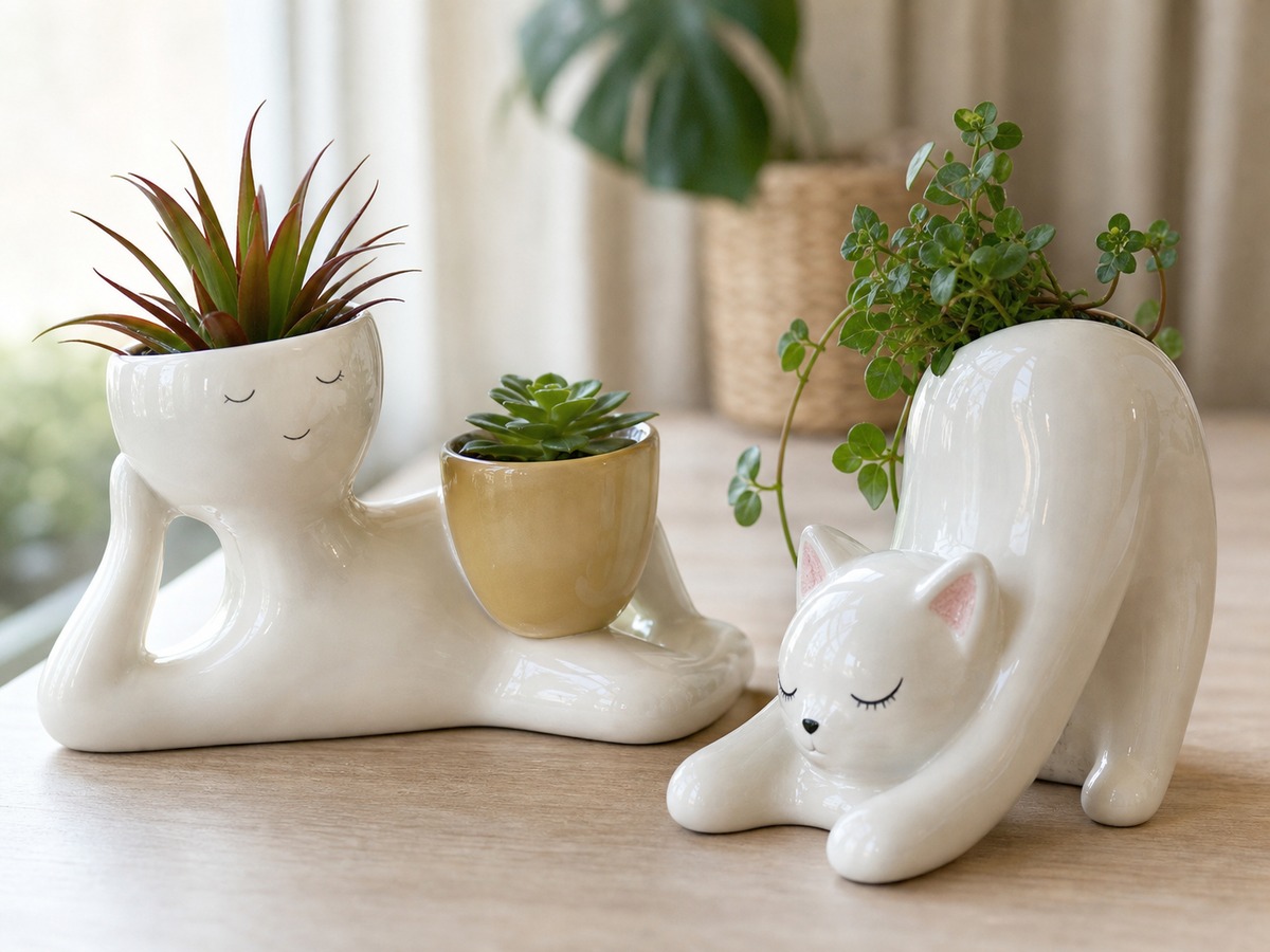 Close-up detail of glossy handmade ceramic plant pots