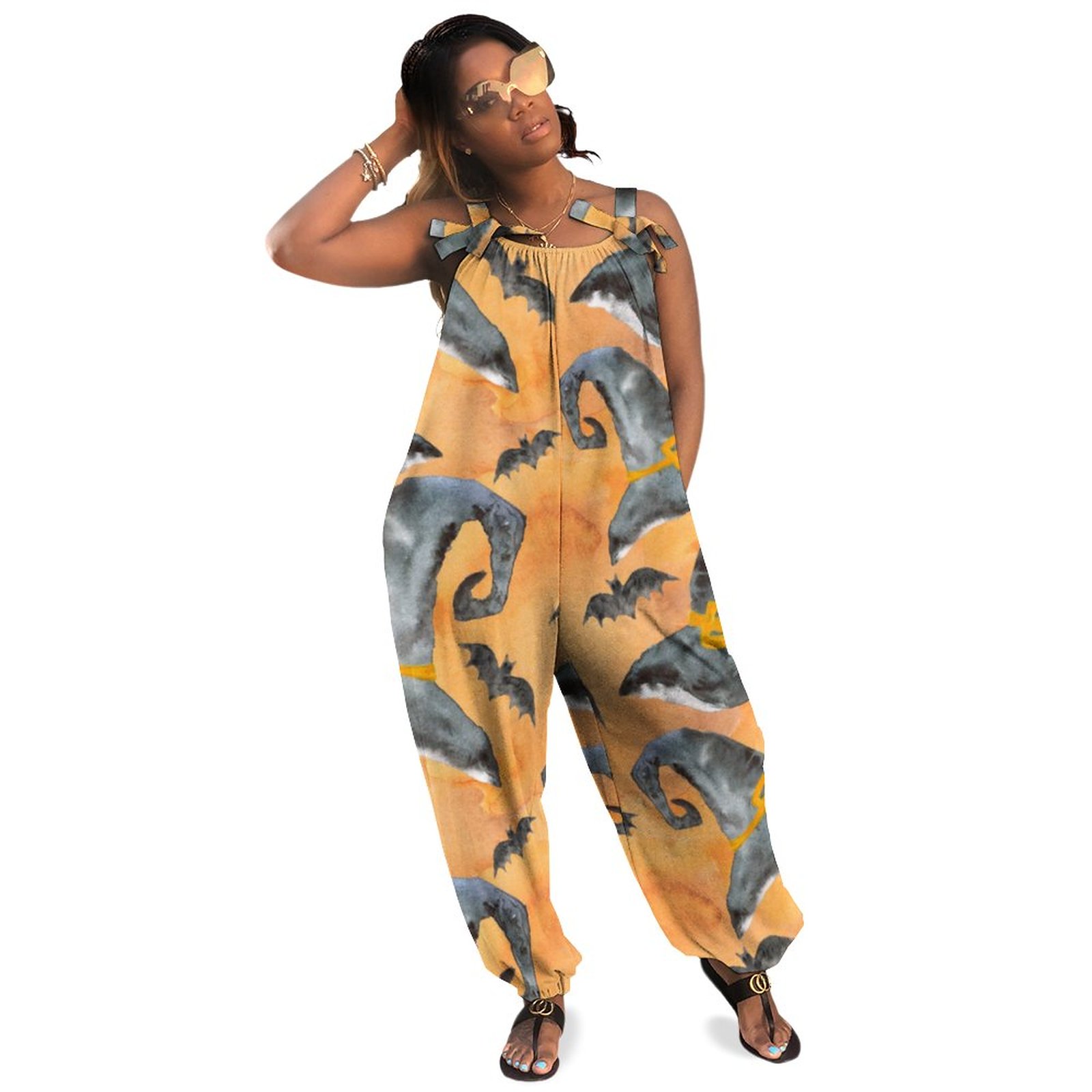 Halloween Witches Hat Plus Size Women Rompers Summer Casual Loose Slinky Jumpsuit Tencle Long Length Boho Style Pockets