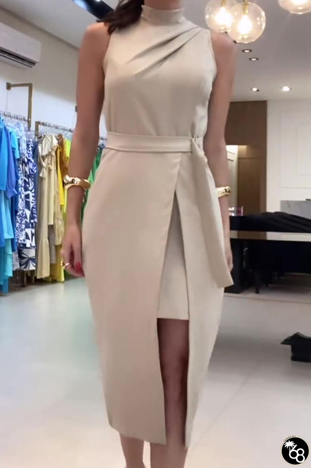 Celebrities Elegant Solid Bandage Slit Fold Turtleneck Wrapped Skirt Dresses | 168DEAL