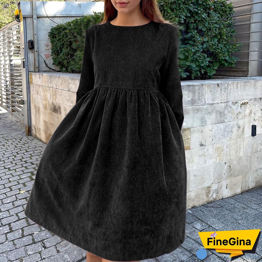 Women Corduroy Long Sleeve A Line Dress Plus Size Mini Tunic Dress