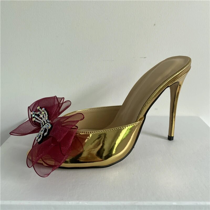 VCSHOES Bling Sequins Crystal Flower Runway Mules Lady 10cm Stiletto Heel Peep Toe Slingbacks Patent Leather Sandals Women