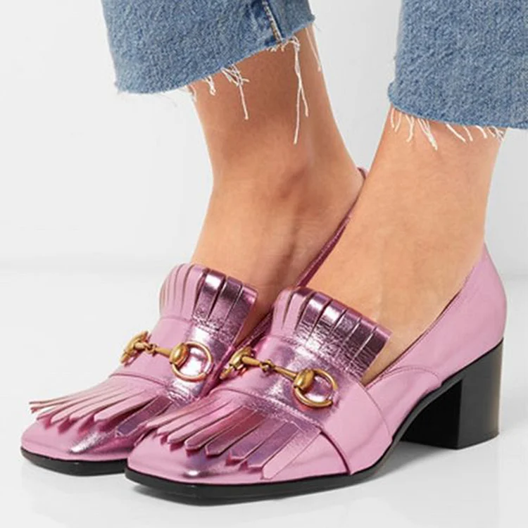Metallic Pink Square Toe Fringe Block Heel Horsebit Women's Loafers |FSJ Shoes