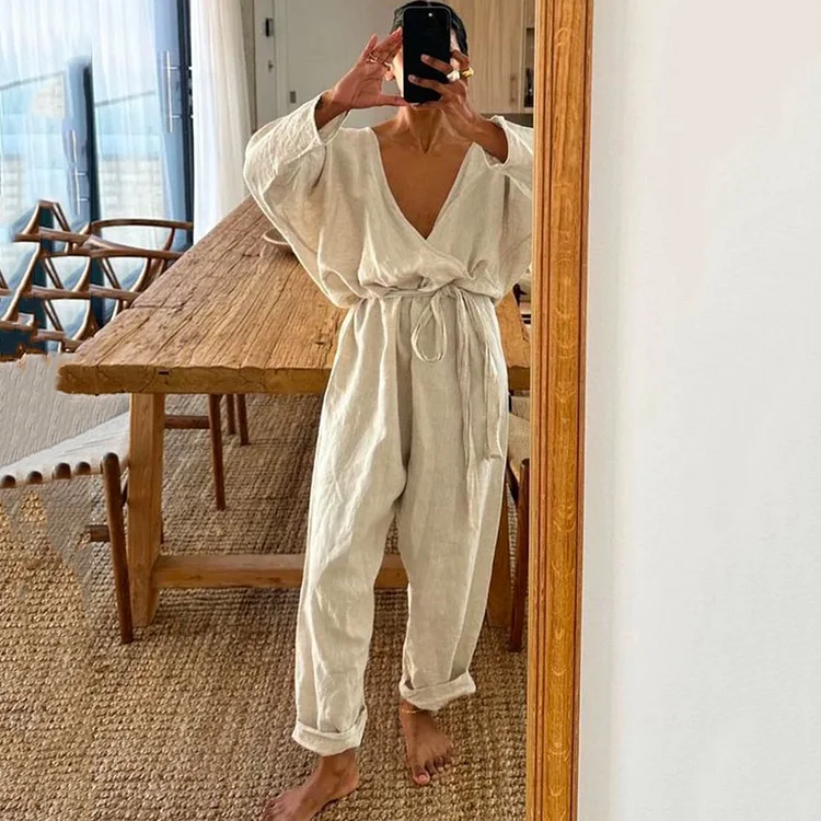 Utility Linen Low Cross Neckline Jumpsuit