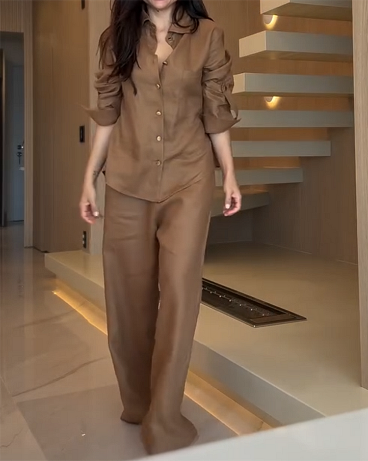 Lapel Long Sleeves and Pants Solid Color Two-piece Suit