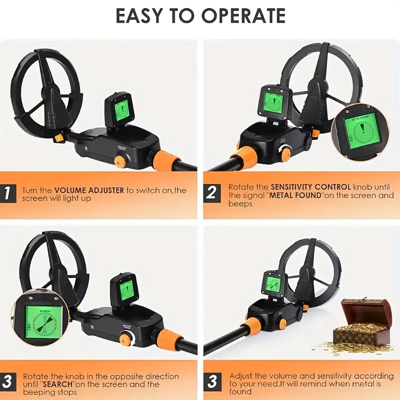 lightweight portable metal detector for beginners md 1008a model easy assembly battery powered batteries not included durable plastic construction with orange ideal for outdoor hobby exploration Product details 7