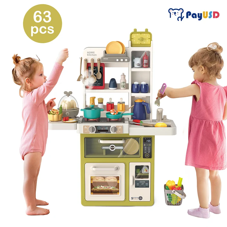 PayUSD Play Kitchen Set for Kids, 63 PCS 33Inch Pretend Play Food Toys Kitchen Set with Realistic Sounds & Lights, Play Sink, Simulation of Spray Kitchen Toys for Toddlers Girls Boys Gift, Pink