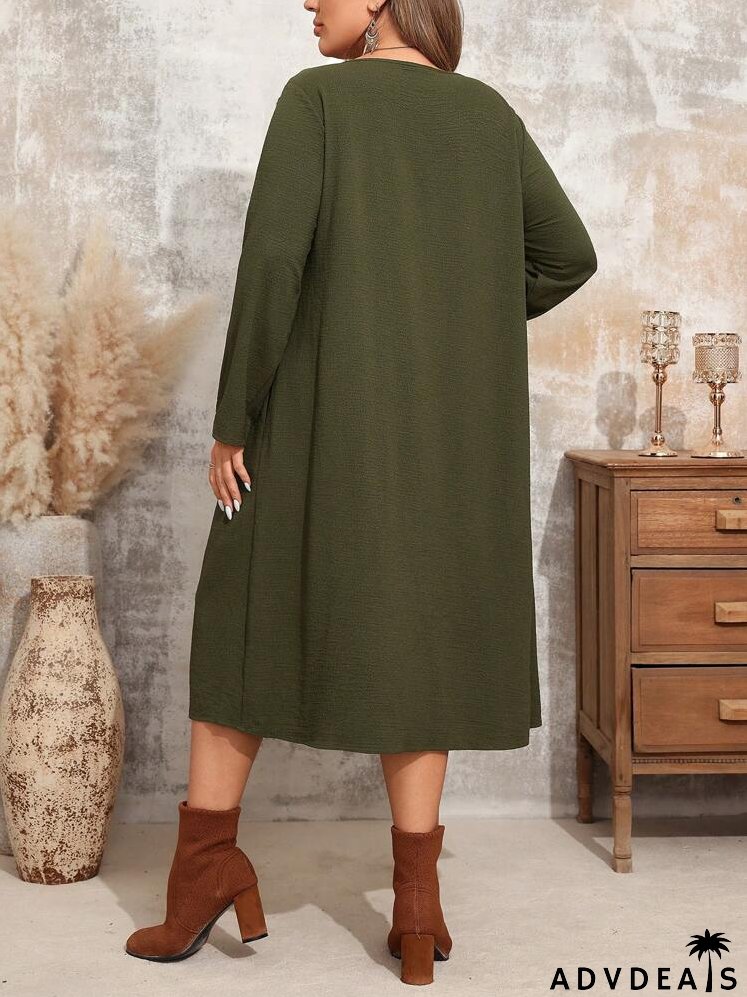 Plus Size Women's Spring & Summer Solid Color Round Neck Long Sleeve Single-Breasted Pocket Casual Loose Dress