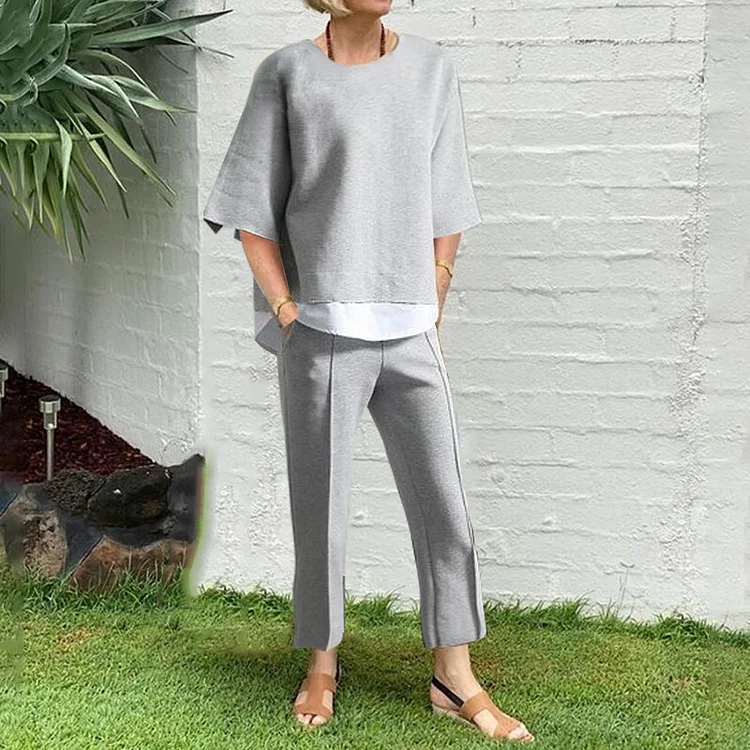 Ladies Casual Solid Color Top And Pants Two-Piece Set