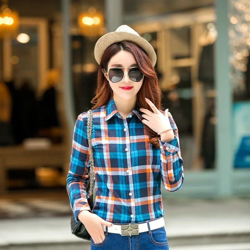 Women's Blouse Shirt 2021 Spring New Fashion College Style Casual Cool Student Plaid Shirt Long Sleeve Plus Size Blouses Chemise