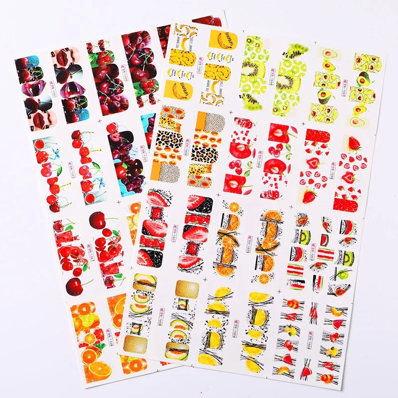 12Pcs Summer Fruit Water Decals Fruit/Kiwi/Banana/Lemon/ Strawberry Designs DIY Nail Stickers Wraps Slider Decoration