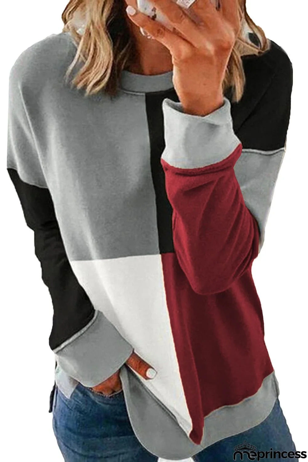 Color Block Round Neck Long Sleeves Pullover Sweatshirt
