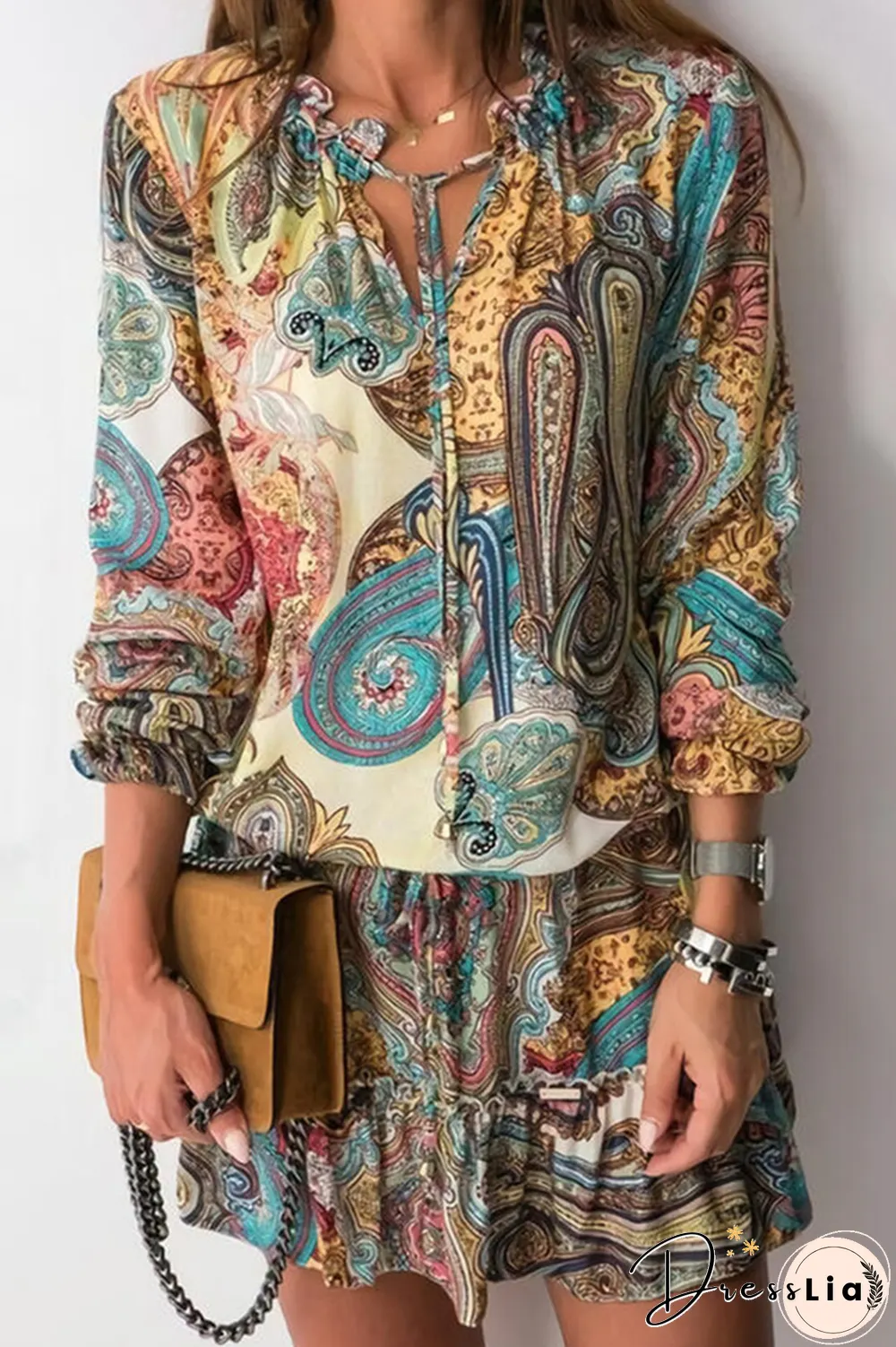 Casual Street Print Frenulum V Neck Waist Skirt Dresses