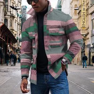 Aonga winter outfits men Men's Double Pocket Creative Multi-Color Diamond-Shaped Barbed Wire Style Printed Pattern Double Pocket Casual aonga