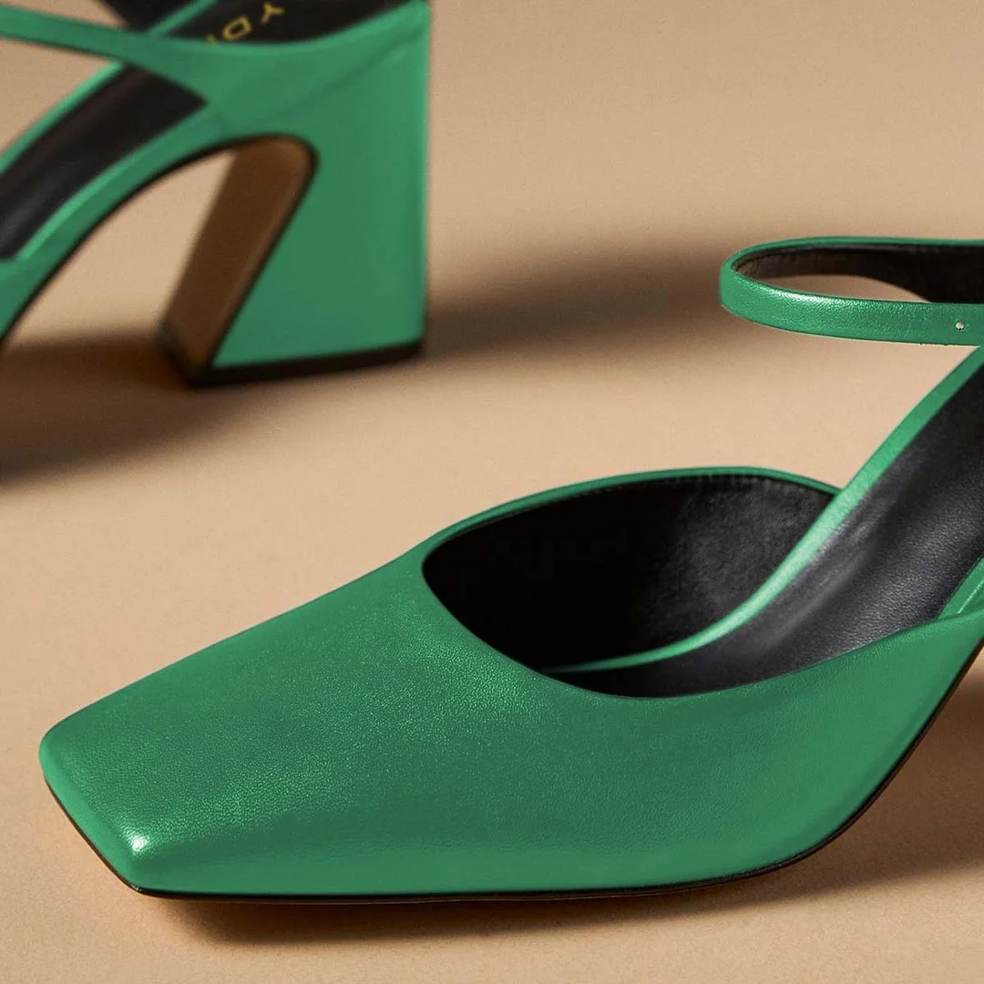 Green Vegan Leather Square Toe Buckle Strap Block Heel Mary Janes
