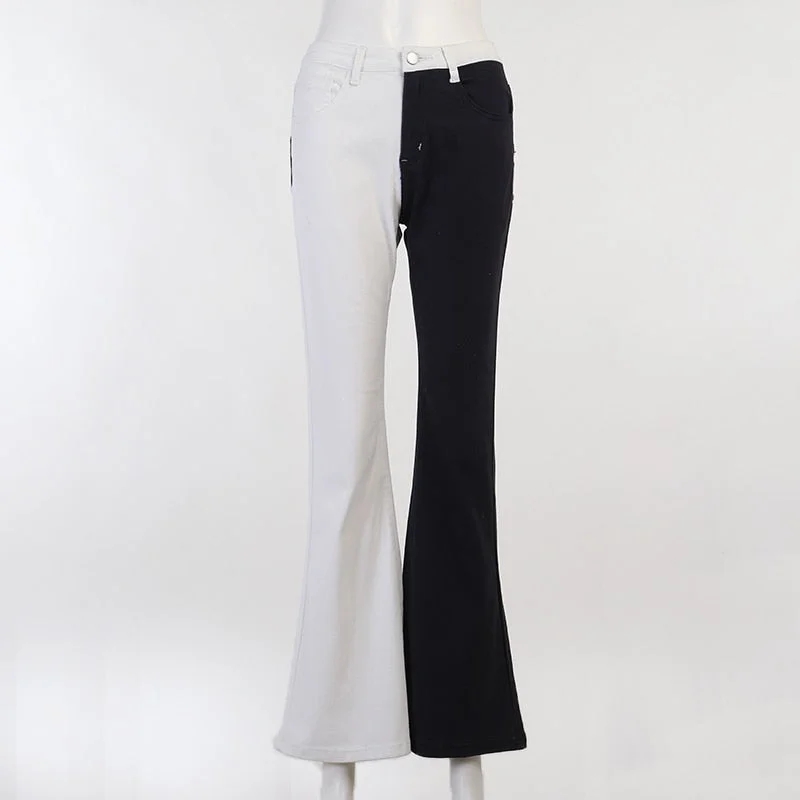 Abebey Denim Patchwork Women's Flare Baggy Jeans Art High Waist Pants Vintage Button Streetwear Pantalones