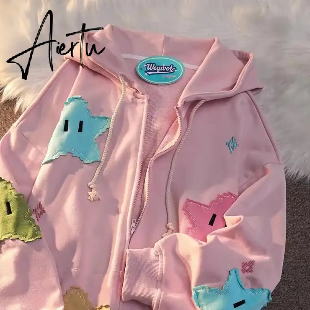 Harajuku Women Hoodies Y2k Star Patchwork Embroidery Zip Up Sweatshirt Gothic Oversized Hoodie Jacket Coat Streetwear Clothes Aiertu