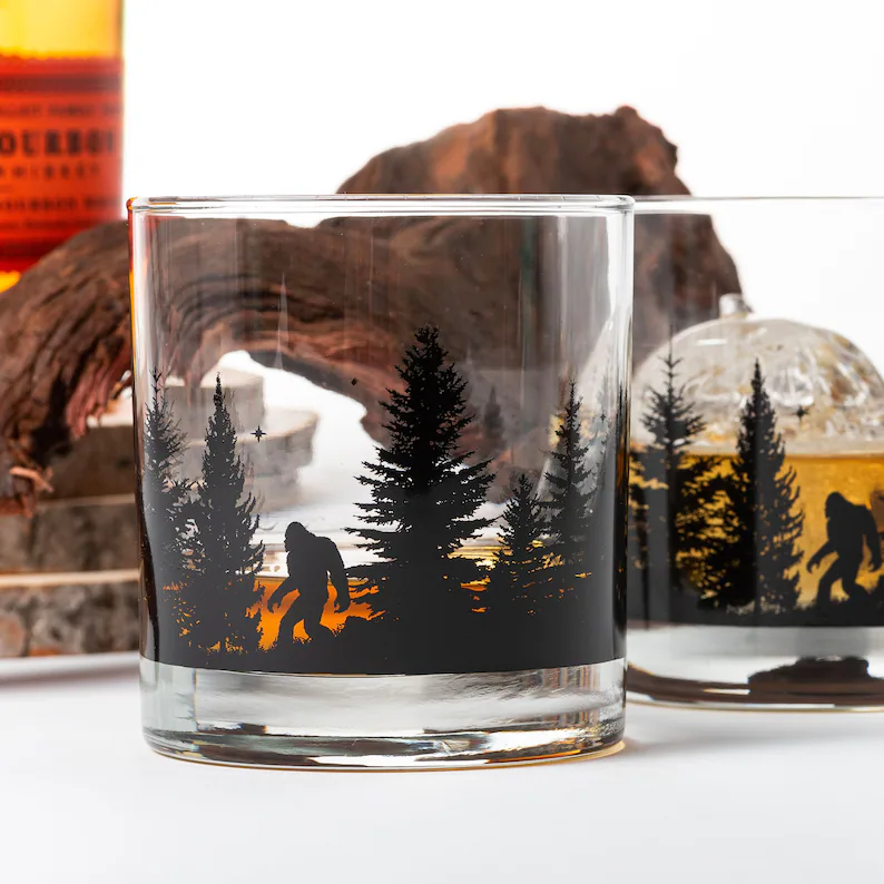 Whiskey Glasses - Bigfoot in the Forest Rock Glasses