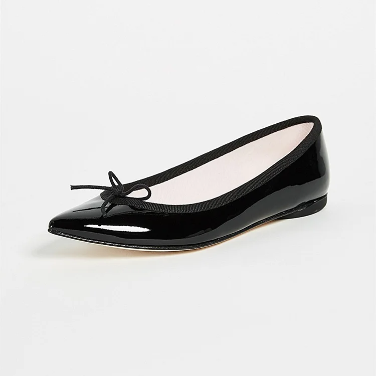 Black Pointy Toe Flats Comfortable Shoes with Bow |FSJ Shoes