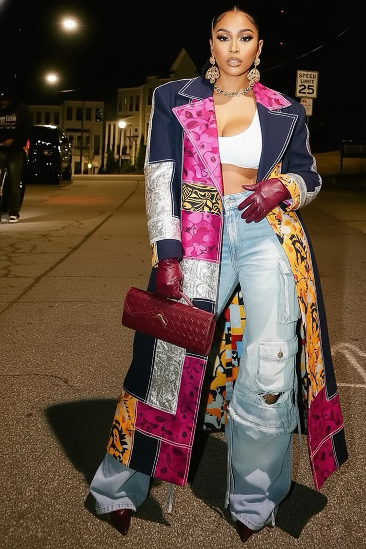 Floral Colorblock Patchwork Notch Lapel Overcoat-Multicolor [Pre Order]