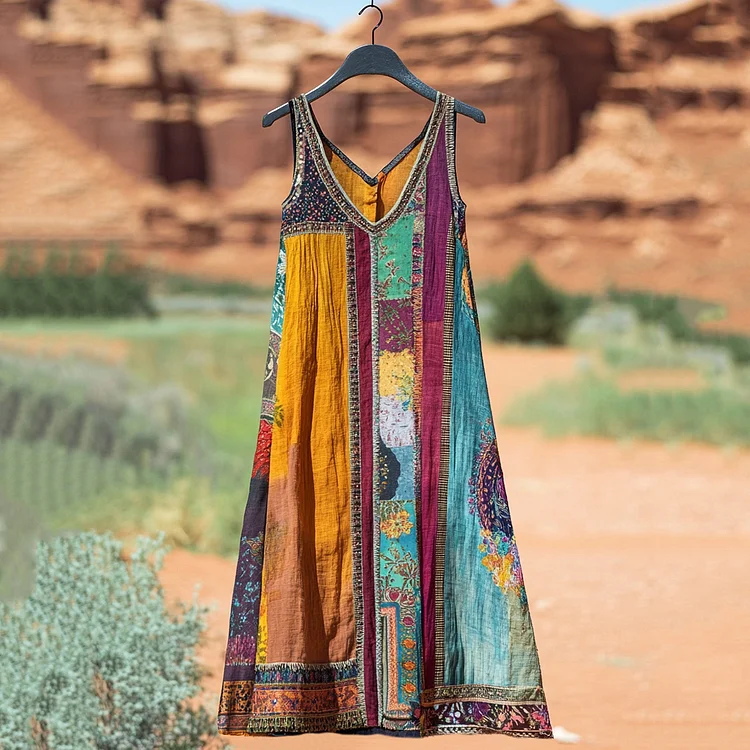 Women's Bohemian Floral Patchwork Vintage Linen Dress