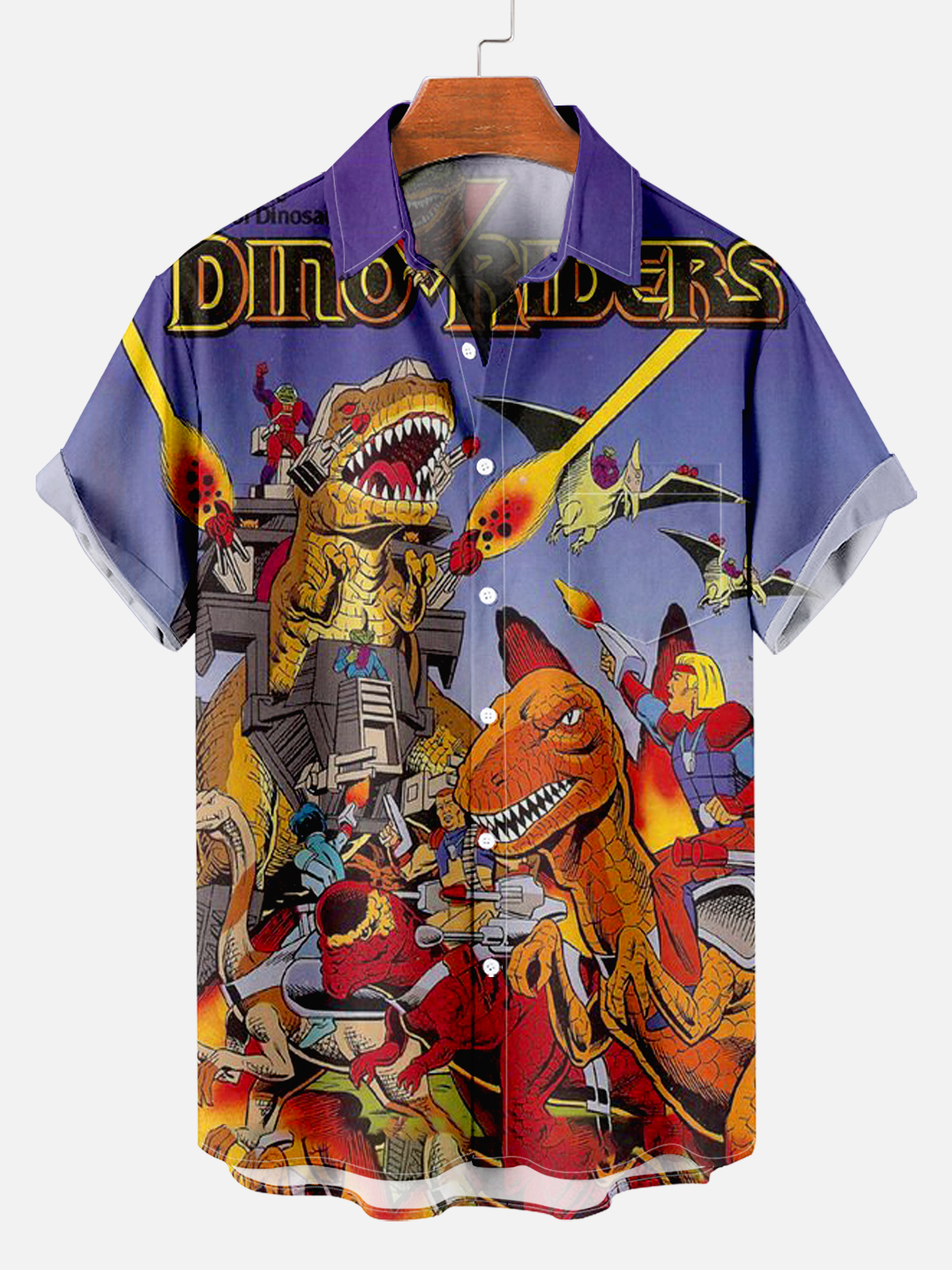 Men's Retro Comfortable Game Battle Episode Poster Dinosaur Print Shirt PLUSCLOTHESMAN