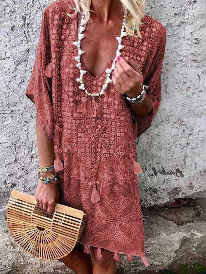 Uveng Bohemian Sexy V-neck Printed Tassel Dresses