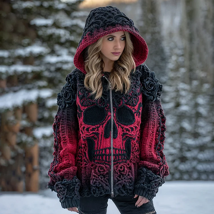 Women's Vintage Viking Tribal Celtic Skull Gradient Art Cozy Knitted Hooded Cardigan