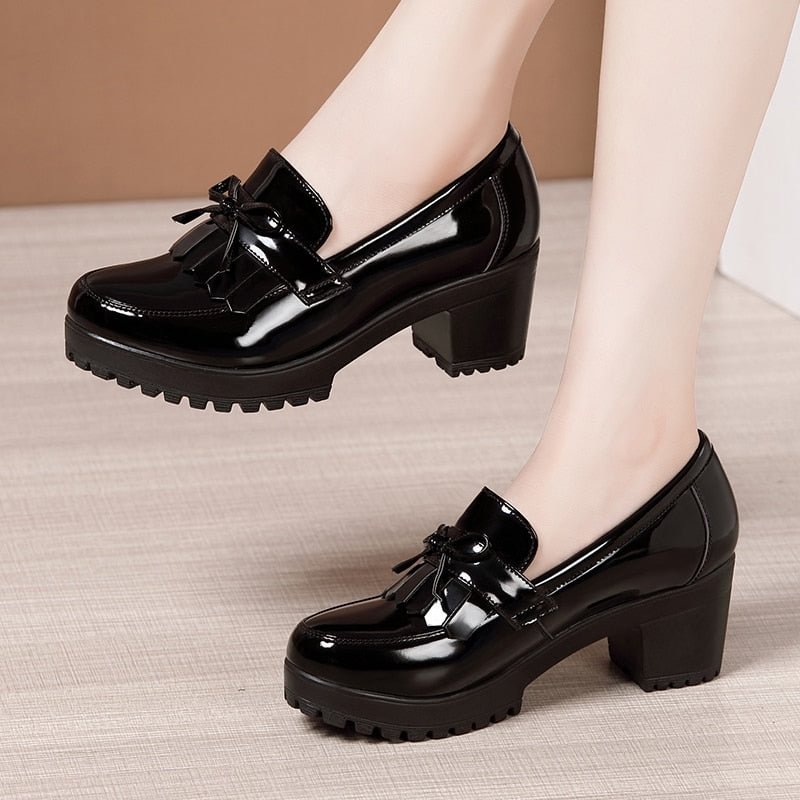 Size 33-43 Women Pumps Bowknot Slip On Tassels Thick Heels Fashion Vintage Women Shoes For Party Leather Footwear