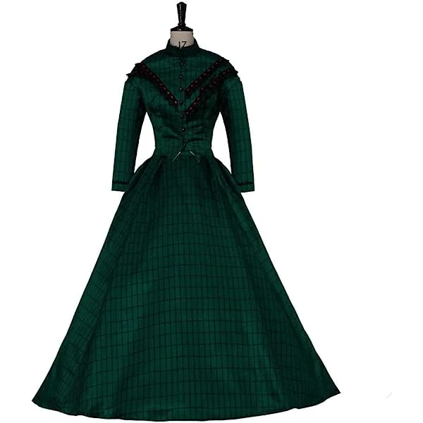 Women's Victorian Dress Suit Holiday Caroler Costume Civil War Southern Belle Dress Green Plaid Outfit